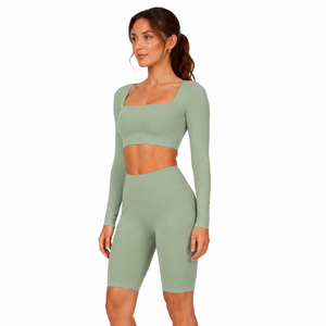 Women Square Neck Crop Top Knee Length Leggings <b>Two</b> <b>Piece</b> <b>Set</b> Yoga Wear Compression 2 <b>Piece</b> High Waist Legging long Sleeve Top - Product Image 1