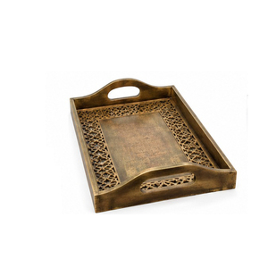 Plateau de rangement rectangulaire en bois, motif floral gravé, finition polie, style moderne et luxueux, compatible lave-vaisselle, multifonction - Product Image 1