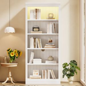 Estantería de Madera de 83.4 Pulgadas de Alto con Tira de Luz, Estantería Decorativa de 5 Niveles, Organizador de Almacenamiento Ajustable para CD/Libros, ¡Envío Gratis! - Product Image 2