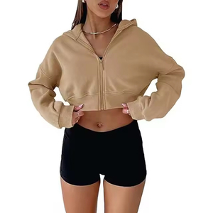Sweat-shirt à capuche court beige pour femme, manches longues, couleur unie, tricoté en coton et fibre de bambou, coupe oversize à épaules tombantes, idéal pour l'automne - Product Image 2