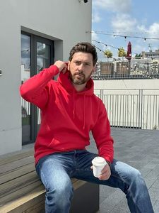 Sudadera con Capucha Roja para Hombre, 100% Algodón, Felpa Francesa, Corte Regular Informal, Color Sólido, Diseño con Bolsillo, Ropa de Otoño - Product Image 6
