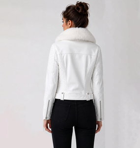 Custom <b>White</b> PU Leather Moto Jacket With Faux Fur Collar Zipper Closure Belted Slim Fit <b>Winter</b> Biker <b>Coat</b> For Unisex - Product Image 5