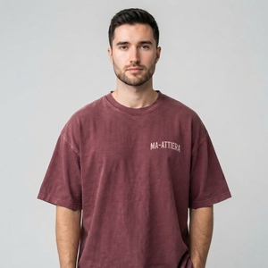 Men's T Shirt Burgundy Acid Wash Text Print Crew <b>Neck</b> Short Sleeve Oversized Fit Casual Streetwear <b>Tshirt</b> - Product Image 1