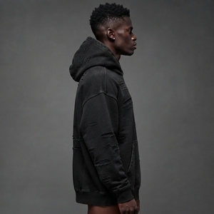 เสื้อฮู้ดดี้ผู้ชายสไตล์วินเทจแบบดิสเทรส ผ้าฟอกทรงหลวมใส่สบาย - Product Image 3