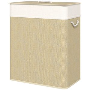 Cesto per Bucato in Bambù da 26,4 Galloni con Doppio Scomparto, Fodera Rimovibile e Manici in Corda, Naturale con Coperchio - Product Image 1
