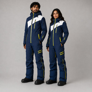 Traje de Esquí Personalizado Unisex Azul Marino de Una Pieza con Panel Blanco en el Pecho y Cremallera Amarilla, Traje de Nieve Impermeable para Parejas - Product Image 3