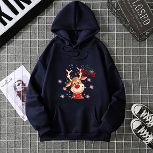 Sweat-shirt à capuche imprimé rennes de Noël unisexe en coton décontracté pour l'hiver, coupe classique, logo avant, design de dessin animé - Product Image 3