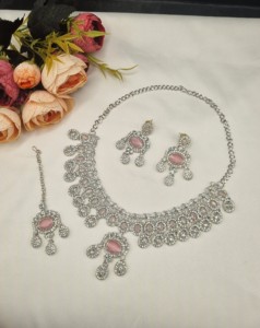 Designer Rhodium Plated Oval Cut CZ Stone <b>Necklace</b> <b>Set</b> With <b>Earrings</b> & Mangtika For Women Ethnic Fashion Jewellery <b>Set</b> Wholesale - Product Image 4