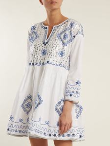 Lovable Sunshine Look Midi <b>Dress</b> Women Boho Chic Embroidered Cotton Tunic Sequin Embellished Classic Flared Hem Drop Long - Product Image 5