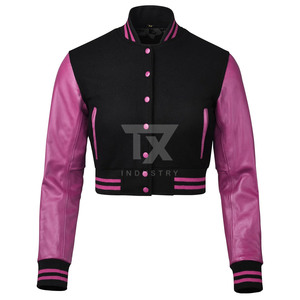Women's Stand Collar Cropped Varsity Jacket Long Sleeve Baseball Style Streetwear Fashion Varsity Jacket - Product Image 1