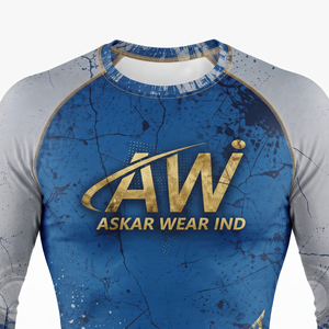 เสื้อ Rash Guard แขนยาวสำหรับผู้ชายของ Askar Wear สีน้ำเงิน-เทา พิมพ์ลายแบบ Sublimation แห้งเร็ว เสื้อกีฬา โลโก้ด้านหน้า - Product Image 3