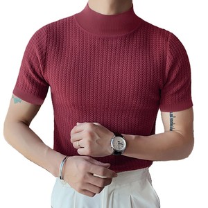 <b>Men's</b> Summer Short Sleeve Knitted Solid Half <b>Turtleneck</b> <b>Sweater</b> Pullover Slim Fit Red Acrylic Top - Product Image 1