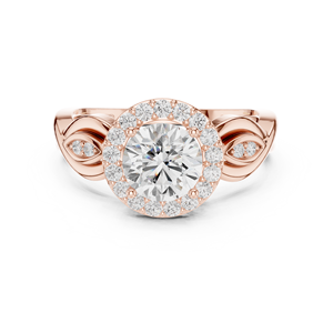 Anillo de Compromiso de Oro Rosa con Halo Redondo de Diamantes y Banda Floral de Hojas para Mujer - Product Image 2