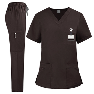Ensemble de blouses médicales marron foncé pour femmes, haut à col en V avec poches et pantalon à cordon de serrage, uniformes d'hôpital - Product Image 6