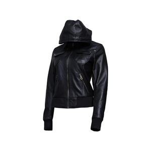 Chaqueta de Motociclista de Cuero Sintético para Mujer, Manga Larga, Cierre de Cremallera, con Capucha, Color Negro Sólido, Ropa de Abrigo de Otoño, Corte Regular - Product Image 2