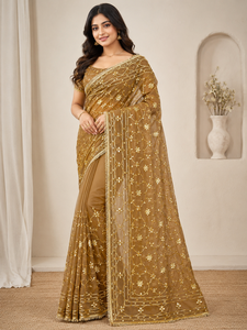 Sari en soie avec broderie dorée pour femmes, tenue de mariage indienne et pakistanaise, robe traditionnelle longue jusqu'au sol - Product Image 1