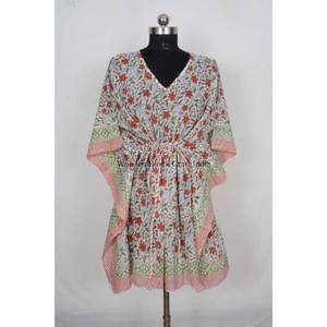 Elegante Caftán Informal de Algodón, Ligero, Transpirable, Hecho a Mano, con Estampado Floral, Estilo Boho, Reversible, Cuello en V, con Cordón Ajustable - Product Image 1