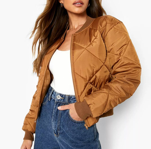 Latest Designs <b>Women</b> Clothing <b>Brown</b> Color Satin Shiny Bomber Quilted <b>Jackets</b> <b>For</b> <b>Women</b> Fitness Cropped Tops Breathable <b>Jackets</b> - Product Image 1