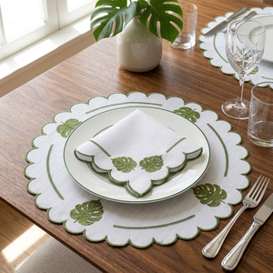 Custom Washable Reuse Handmade Luxury Embroidery Leaves <b>Placemats</b> Napkins Sets 100% Linen Green Scallop Border Mats Home Wedding - Product Image 1