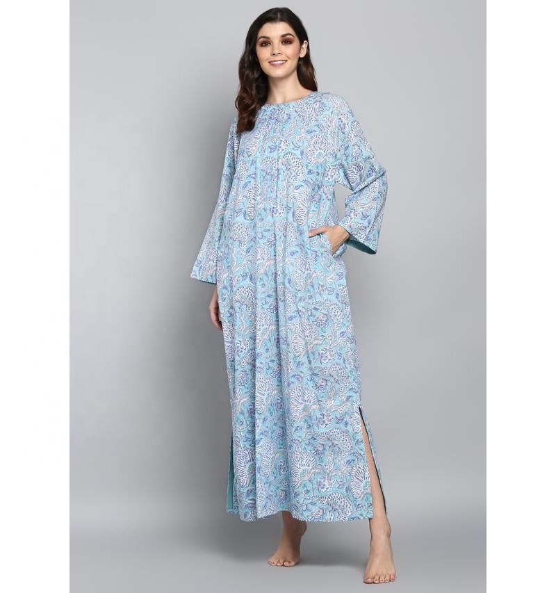 sachin and babi light blue dress Turquoise Blue Floral 100% Cotton Night Comfort Floor-Length Dress Long  Sleeves Front Zip Detailing Hand Block Printed Plus Size| Alibaba.com