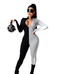 Combinaison moulante taille haute color block pour femme, manches longues, col rond, en Spandex et Polyester, style clubwear, longueur intégrale, avec rayures latérales - Product Image 2