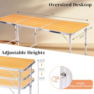 Tavolo Pieghevole Leggero in Lega di Alluminio da 6 Piedi, Effetto Legno, Forma Quadrata, Altezza Regolabile per Camera da Letto e Cucina - Product Image 6