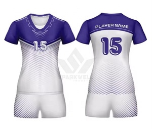 Custom Womens Blue Geometric <b>Volleyball</b> Jersey <b>Set</b> V-Neck Short Sleeve Sublimated Moisture Wicking Athletic Fit Summer Front - Product Image 2