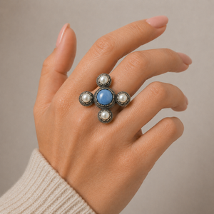 ELVORA GEMS Vintage 925 <b>Silver</b> Cocktail <b>Ring</b> Lapis Lazuli Pearls Geometric <b>Cross</b> Design Bezel Setting Women's Everyday Wear - Product Image 2