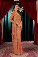 Abhi Fashion Designer Indian Orange Fandy Satin Heavy Bits Embroidered Long Sleeve Floor-Length Bridal Wedding Sari.