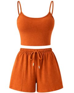 Custom Orange Women Camisole And Shorts Set Summer Two Piece Outfit Cotton Blend Crop <b>Top</b> Drawstring Shorts Casual Lounge Set - Product Image 1