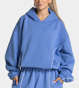 Sudadera con capucha informal extragrande para mujer, azul celeste con contraste, de forro polar premium, con ribetes, al por mayor - Product Image 4