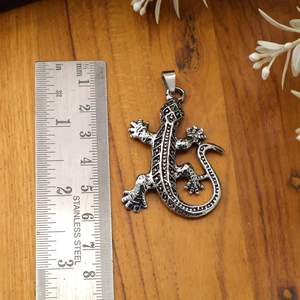 Collier pendentif lézard/gecko en laiton, finition argent oxydé, motif animal tribal, bijoux bohèmes reptiles - Product Image 2