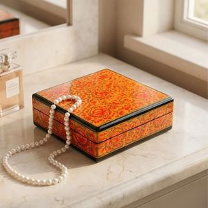 Luxury Orange Rectangular Paper Mache <b>Jewellery</b> <b>Box</b> with Floral Pattern Art Handcrafted Traditional Indian Keepsake <b>Gift</b> - Product Image 6