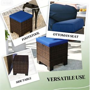 Two-Piece Outdoor <b>Stool</b> with Rattan Foot <b>Pad</b> and Dark Blue Cushion Terrace Ottomans Comfortable Footstool - Product Image 3