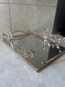 Rectangular <b>Mirrored</b> Storage <b>Tray</b> With Gold Metal Frame And Crystal Accents Modern Luxury Design For Table Use - Product Image 2