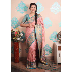 Sari de Seda Paithani Tejido con Zari Rosa Bebé, Ropa India y Pakistaní, Tejidos de Primera Calidad, 650g - Product Image 5