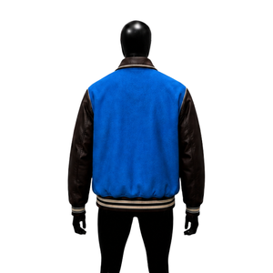 Chaqueta Varsity de Lana Azul para Hombre con Mangas de Cuero de Alta Calidad, Cuello Camisero, Estilo Casual Urbano para Otoño - Product Image 2
