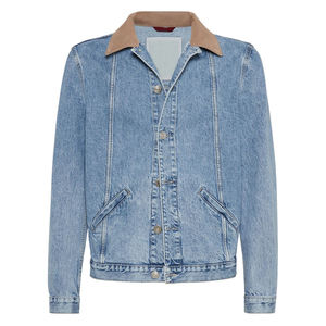 Veste en jean bleu clair pour homme avec col beige, coupe classique, délavée, style décontracté, fermeture boutonnée, pour l'hiver, 100 % coton - Product Image 1