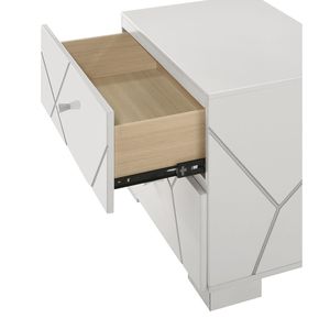 Mesita de Noche Contemporánea de Madera con Detalles Geométricos Audaces, Acabado Blanco Brillante, Dos Cajones - Product Image 2