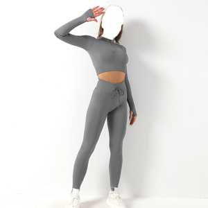 Conjunto de yoga acanalado de 5 piezas para mujer: sujetador deportivo de cintura alta, chaqueta con cremallera, leggings de longitud completa, ropa deportiva transpirable - Product Image 2