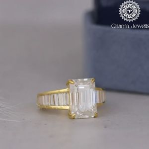 Charm_Jewells Women's Yellow <b>Gold</b> Plated Emerald Cut Moissanite <b>Cocktail</b> <b>Ring</b> Channel Setting Luxury Geometric Design - Product Image 1