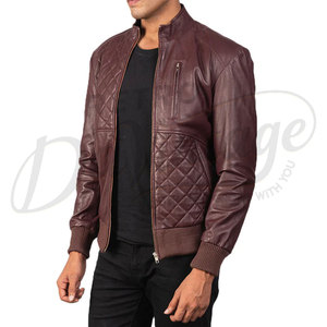 Men Maroon Genuine <b>Leather</b> Quilted Bomber <b>Jacket</b> with Standing Collar and Ribbed Cuffs - Product Image 4
