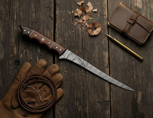Cuchillo de filetear hecho a mano de acero de Damasco con hoja flexible de 8 pulgadas, mango de madera ambidiestro, herramienta de cocina personalizada para chef - Product Image 1