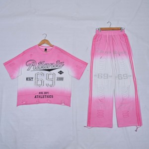 Premium Quality With Rhinestone Distressed Three-quarter Sleeve Women's Pink <b>Tie</b> <b>Dye</b> Two-Piece <b>Set</b> O-Neck Short Sleeve - Product Image 6