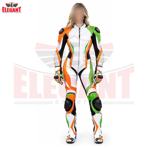 Combinaison de moto en cuir une pièce pour femme, nouvelle tendance, color block orange, vert et blanc, avec protections coulissantes, marque privée - Product Image 3