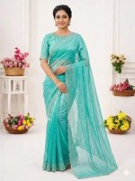 Sari en soie élégant avec broderie Zarkan et diamants, tenue de soirée traditionnelle pour femme, blouse ethnique bleu ciel, lavande, violet, AARIKA Quick