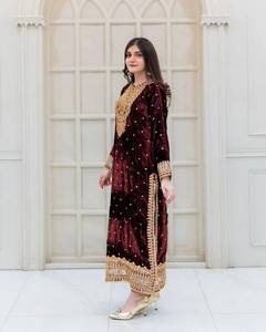 <b>Women</b> Traditional Faux Georgette Embroidered Purple Salwar <b>Suit</b> With Dupatta For <b>Wedding</b> India Pakistan Winter Wear - Product Image 2