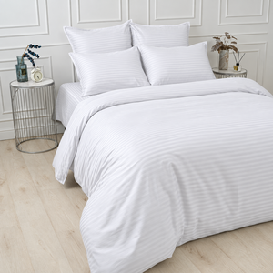 Parure de lit hôtelière 100 % coton 4 pièces 300 fils/cm² drap-housse taillé taie d'oreiller housse de couette toutes saisons style rayé blanc - Product Image 1