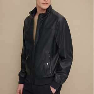Mens Premium Quality Leather <b>Jacket</b> With Stand Collar Front Logo Canvas Fabric Breathable And Eco Friendly Winter Fashion Design - Product Image 6