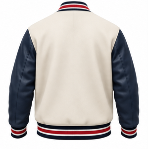 Blouson universitaire homme crème et bleu marine à la mode avec logo lettre rouge et blanc, fermeture boutonnée sur le devant, style preppy, OEM - Product Image 2